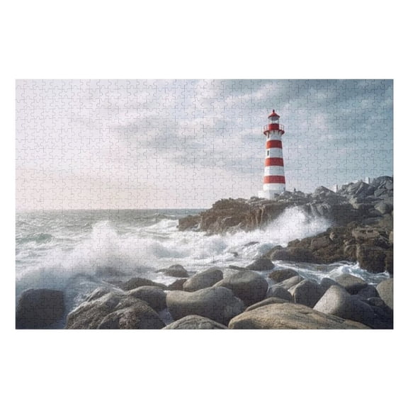 Puzzles for Adults 300 Pieces - Beautiful Red White Lighthouse Rocks With Strong Sea Wave Challenging Gift for Puzzle Lovers, Fun Time with Friends, Displayable Wall Decor