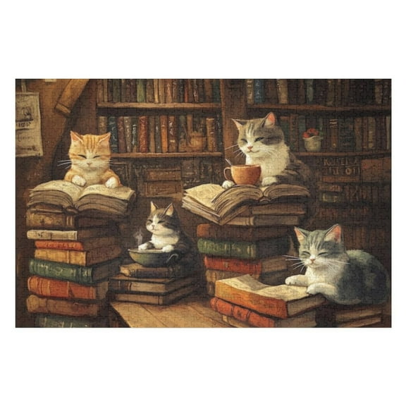 Puzzles for Adults 300 Pieces - Cats Sitting Top Books Challenging Jigsaw Puzzle, Daring to Try, Family Entertainment Interactive Fun Jigsaw Puzzle Gifts