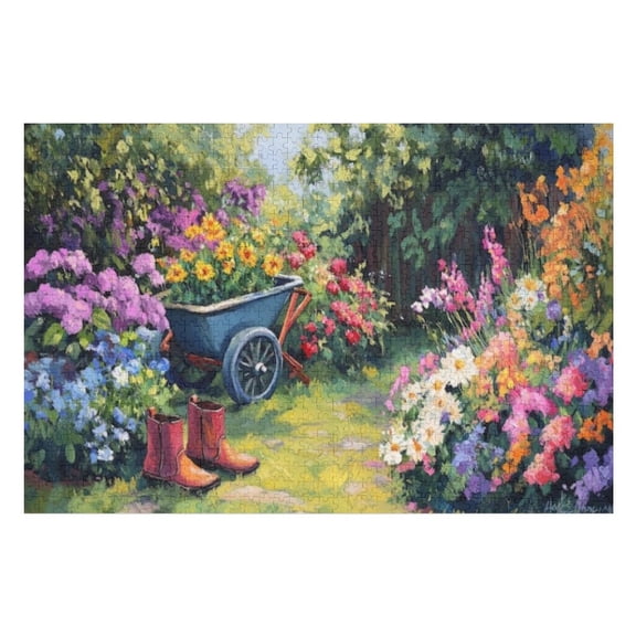 Puzzles for Adults 300 Pieces - Colorful Garden With Wheelbarrow Full Flowers Red Boots Path Funny Jigsaw Puzzles Learning & Fun Educational Toys Gift