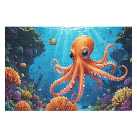 Puzzles for Adults 300 Pieces - Dancing Octopus Explores Vibrant Coral Reef Shimmering Sunlight Colorful Underwater World Funny Challenging Puzzle Perfect for Game Nights