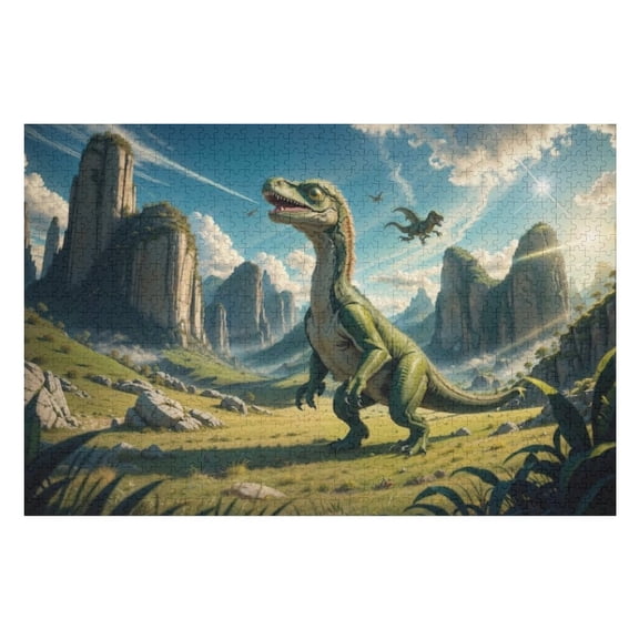 Puzzles for Adults 300 Pieces - Dinosaur Walking Green Grass Velociraptor Hunting Alien Landscape Funny Puzzle Unique Difficult and Challenge Large Puzzle Game Toys Gift