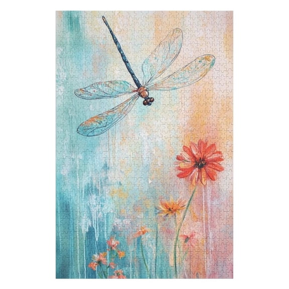 Puzzles for Adults 300 Pieces - Dragonfly Flying Flower Field With Orange Flowers Stress Relief Puzzle, Family Entertainment, Relaxation and Leisure, Collectible Decoration Puzzle