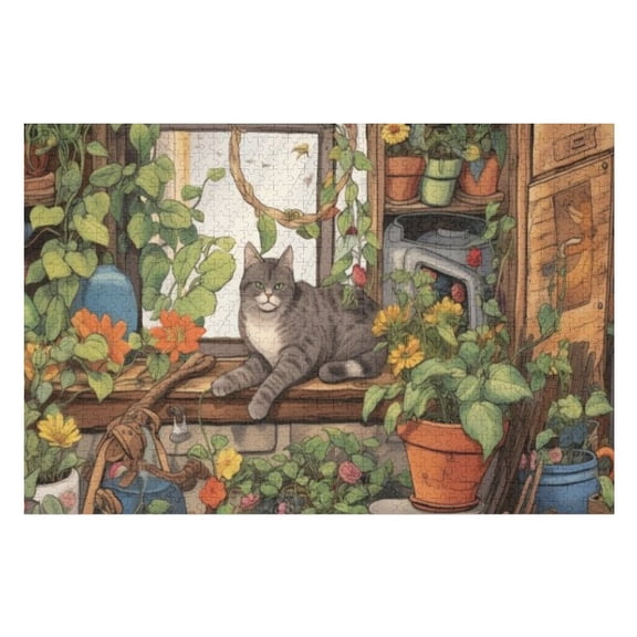 Puzzles for Adults 300 Pieces - Gray Tabby Cat Resting Window Sill Plants Challenging Jigsaw Puzzle, Daring to Try, Family Entertainment Interactive Fun Jigsaw Puzzle Gifts