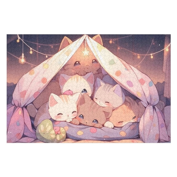 Puzzles for Adults 300 Pieces - Group Adorable Kittens Cuddled Up Together Cozy Blanket Fort Puzzle Challenging Educational Toys Puzzles Reduced Pressure Gift