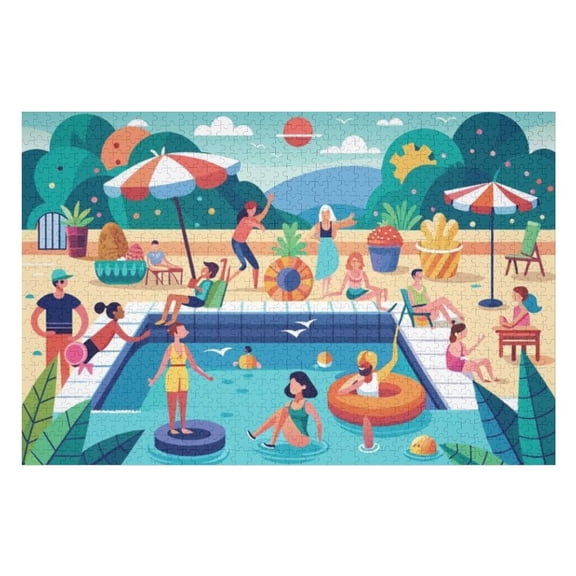 Puzzles for Adults 300 Pieces - Groups Friends Celebrate Together Colorful Pool Party Swimming Lounging Having Fun Sun Funny Challenging Puzzle Perfect for Game Nights
