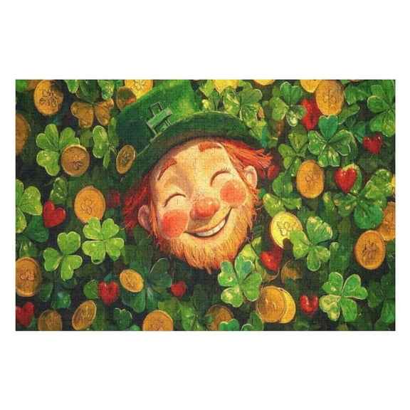 Puzzles for Adults 300 Pieces - Leprechaun Face Surrounded By Clovers Coins Challenging Gift for Puzzle Lovers, Fun Time with Friends, Displayable Wall Decor