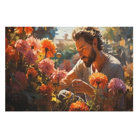 Puzzles for Adults 300 Pieces - Man With Light Brown Hair Is Surrounded By Many Orange Pink Flowers Funny Puzzles Gift for Birthday Wedding Christmas Halloween