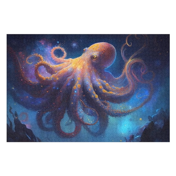 Puzzles for Adults 300 Pieces - Octopus With Glowing Tentacles Deep Blue Ocean With Stars Challenging Gift for Puzzle Lovers, Fun Time with Friends, Displayable Wall Decor