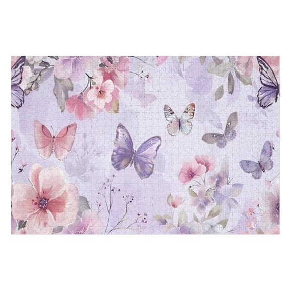 Puzzles for Adults 300 Pieces - Pastelcolored Butterflies Flowers Scattered Across Light Wooden Jigsaw Puzzle - Perfect Interlocking Clear Printing - Adults Educational Puzzle Ideal Gift
