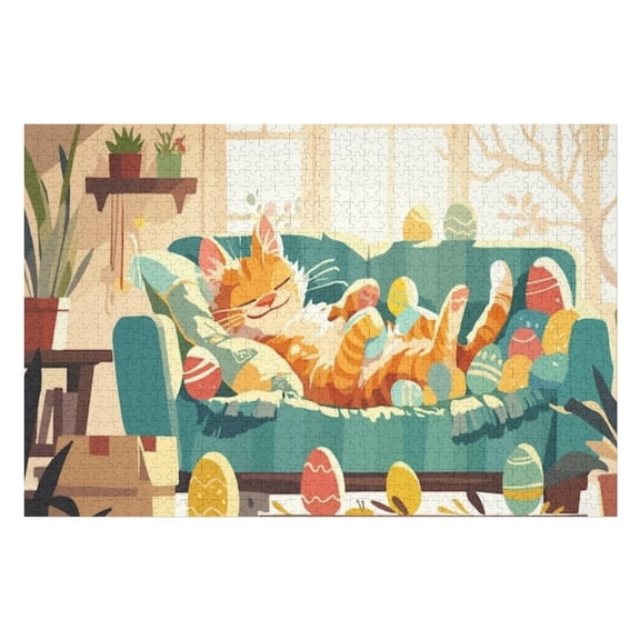 Puzzles for Adults 300 Pieces - Playful Ginger Cat Easter Eggs Stress Relief Puzzle, Family Entertainment, Relaxation and Leisure, Collectible Decoration Puzzle