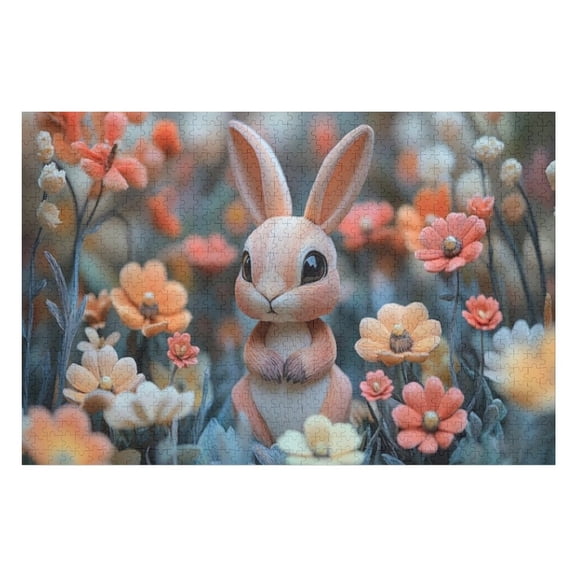 Puzzles for Adults 300 Pieces - There Is Rabbit Sitting Field Flowers Wooden Jigsaw Puzzle - Perfect Interlocking Clear Printing - Adults Educational Puzzle Ideal Gift