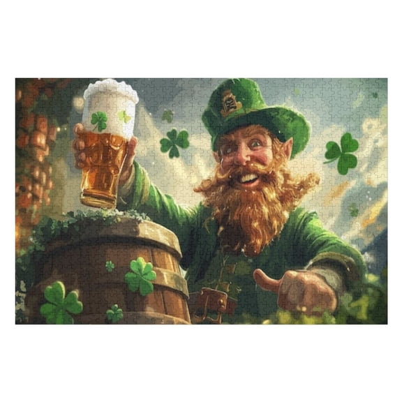 Puzzles for Adults 300 Pieces - Saint Patrick Man Holding Beer Glass Sitting Beside Barrel With Clover Funny Challenging Puzzle Perfect for Game Nights
