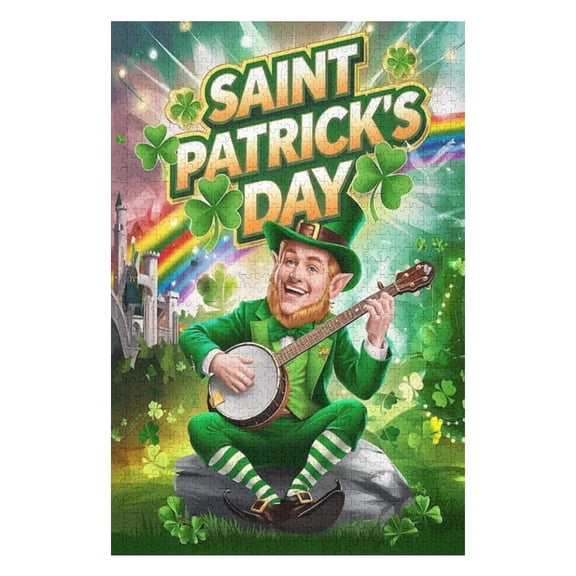 Puzzles for Adults 300 Pieces - Saint Patricks Day Cheerful Leprechaun Playing Banjo Celebrates Challenging Gift for Puzzle Lovers, Fun Time with Friends, Displayable Wall Decor