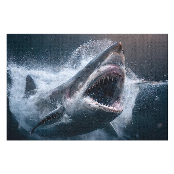 Puzzles for Adults 300 Pieces - Shark Huge Megalodon Shark Jumps Out Sea Waves Perfect Interlocking Clear Printing - Adults Educational Puzzle Gift Ideal