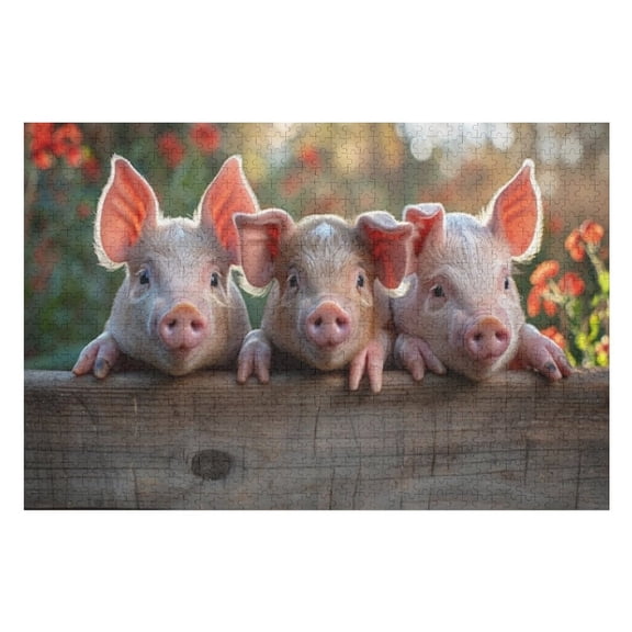 Puzzles for Adults 300 Pieces - Three Adorable Piglets Peek Wooden Fence Looking Curious Playful Funny Jigsaw Puzzles Learning & Fun Educational Toys Gift