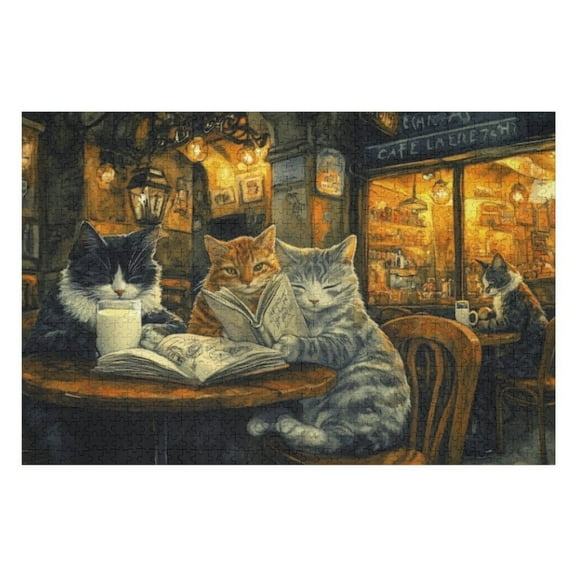 Puzzles for Adults 300 Pieces - Three Cats Sitting Table Reading Book High Difficulty Wooden Jigsaw Puzzle - Family Entertainment Leisure Fun Interactive, Relaxing Holiday Puzzles