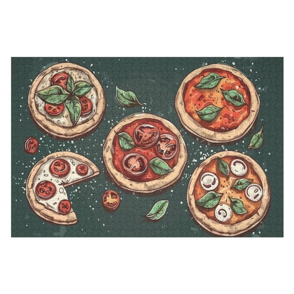 Puzzles for Adults 300 Pieces - Trendy Handdrawn Italian Pizza Logos Elements Creative Puzzle Challenging Educational Toys Gifts for Home Decor Family Activities