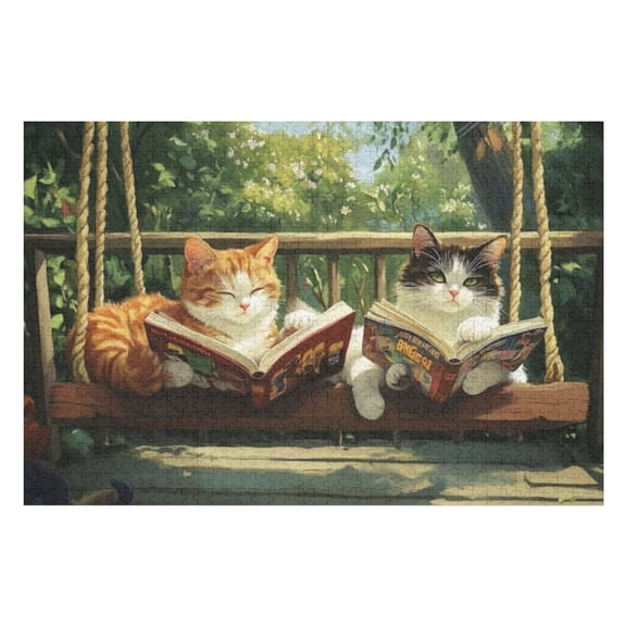 Puzzles for Adults 300 Pieces - Two Cats Sitting Swing Reading Books Funny Puzzles Brain Challenge Educational Game Relaxation Pastime Entertainment Activity Decorative Puzzle