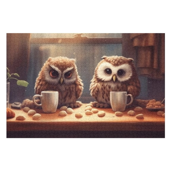 Puzzles for Adults 300 Pieces - Two Owls Sit Table Front Window With White Cups Challenging High Difficulty Jigsaw Puzzle,Great Gift for Jigsaw Lovers for Family Fun & Couples