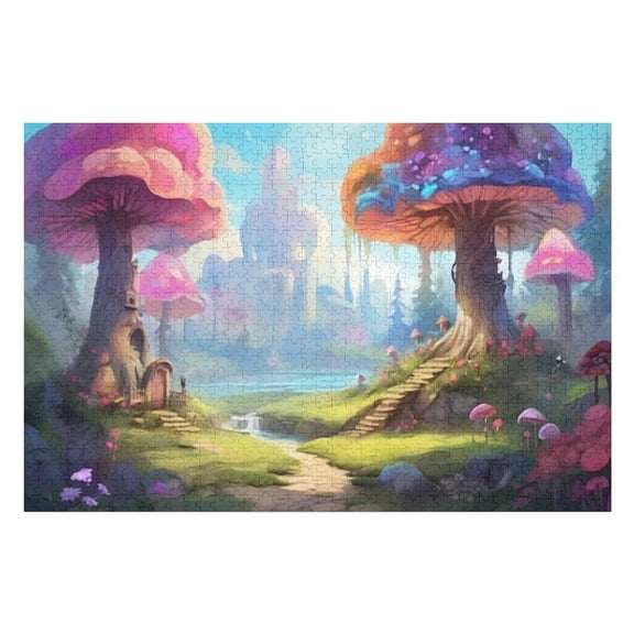 Puzzles for Adults 300 Pieces - Whimsical Mushroomshaped Houses Nestled Along Babbling Stree Puzzle Challenging Educational Toys Gifts for Home Decor Family Activities