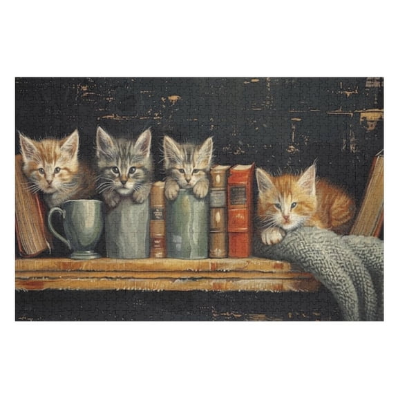 Puzzles for Adults 500 Pieces - Adorable Kittens Reading Books Shelf Challenging High Difficulty Jigsaw Puzzle,Great Gift for Jigsaw Lovers for Family Fun & Couples
