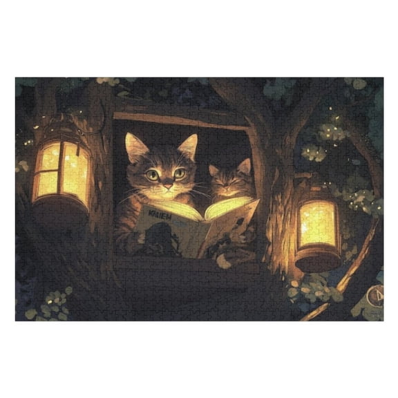 Puzzles for Adults 500 Pieces - Couple Cats Sitting Tree Reading Book Best Challenging Puzzles for Cognitive Workout - Safe Eco-Friendly - Most Popular Leisure Activities