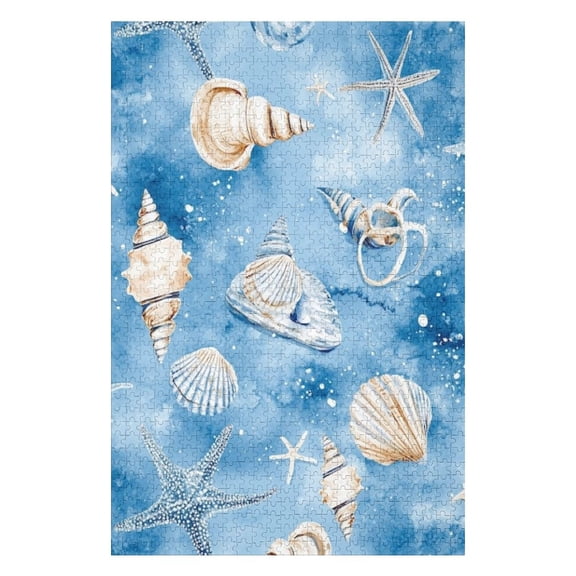 Puzzles for Adults 500 Pieces - Delicate Blue Watercolor Seashells Stars Stress Relief Puzzle, Family Entertainment, Relaxation and Leisure, Collectible Decoration Puzzle