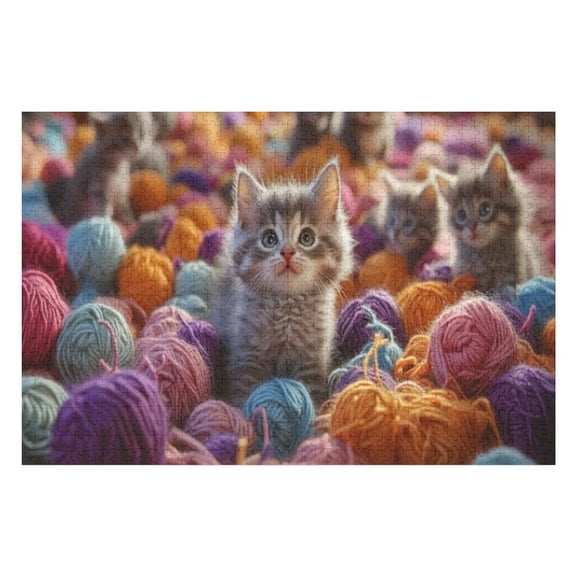 Puzzles for Adults 500 Pieces - Fluffy Kittens Playing With Colorful Yarn Balls Puzzle Christmas Perfect for Relaxation Activity Difficult Challenging Puzzles