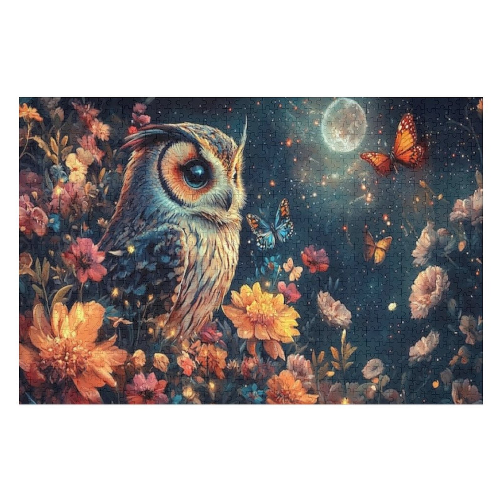 Puzzles for Adults 500 Pieces - Owl Night Sky Stars Moon Flowers ...