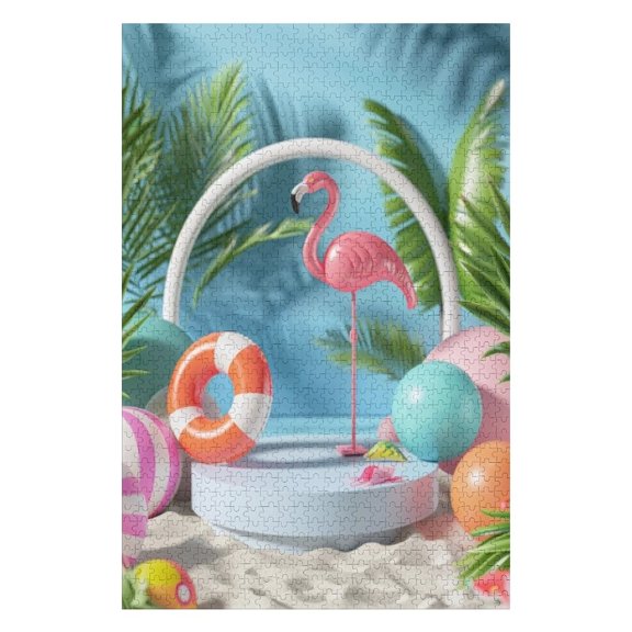 Puzzles for Adults 500 Pieces - Pink Flamingo Stands Top Sandy Beach Near Calm Waters Stress Relief Puzzle, Family Entertainment, Relaxation and Leisure, Collectible Decoration Puzzle
