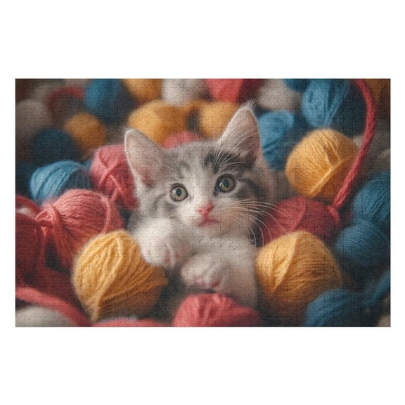 Puzzles for Adults 500 Pieces - Playful Kitten Surrounded By Colorful Yarn Balls With Its Paw Tangled String Funny Challenging Puzzle Perfect for Game Nights