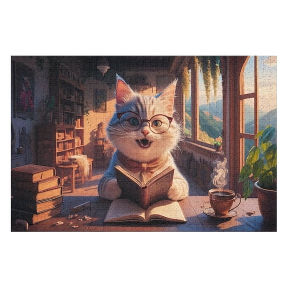 Puzzles for Adults 500 Pieces - Smart Cat Reading Books Wearing Glasses Table Puzzle Christmas Perfect for Relaxation Activity Difficult Challenging Puzzles