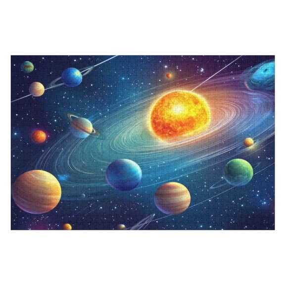 Puzzles for Adults 500 Pieces - Solar System Illustration Featuring Nine Planets Orbiting Sun Deep Space Exploration Funny Challenging Puzzle Perfect for Game Nights