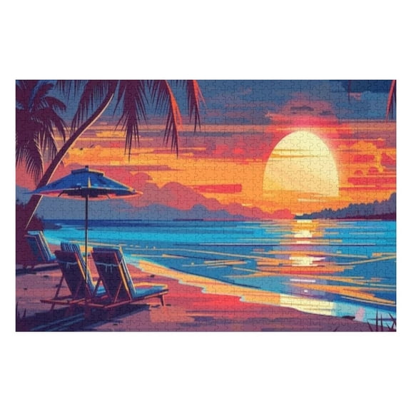 Puzzles for Adults 500 Pieces - Sunset Beach With Lounge Chairs Placed Umbrella Wooden Jigsaw Puzzle - Perfect Interlocking Clear Printing - Adults Educational Puzzle Ideal Gift