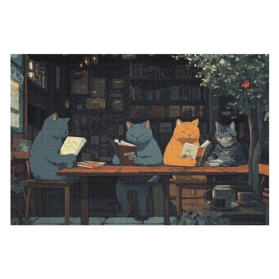 Puzzles for Adults 500 Pieces - Three Cats Sitting Table Reading Books Challenging Gift for Puzzle Lovers, Fun Time with Friends, Displayable Wall Decor