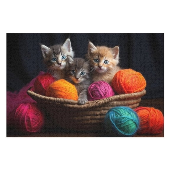 Puzzles for Adults 500 Pieces - Three Fluffy Kittens Are Playing Woven Basket Filled With Colorful Balls Yarn Fun Brain Puzzle Lovers Challenging and Relaxing Gifts Idea