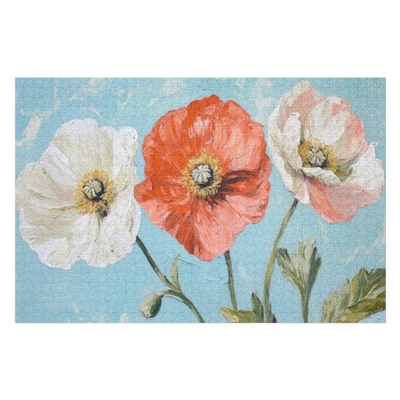 Puzzles for Adults 500 Pieces - Three Poppies Red White Orange With Light Green Leaves Challenging High Difficulty Jigsaw Puzzle,Great Gift for Jigsaw Lovers for Family Fun & Couples