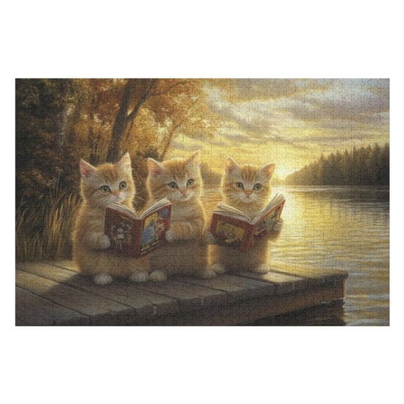 Puzzles for Adults 500 Pieces - Two Cats Sitting Dock Reading Book High Difficulty Wooden Jigsaw Puzzle - Family Entertainment Leisure Fun Interactive, Relaxing Holiday Puzzles