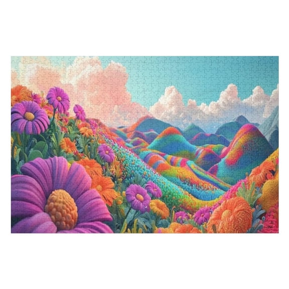 Puzzles for Adults 500 Pieces - Vibrant Dreamscape With Whimsical Floral Mountains Clouds Sky Funny Inspirational Wooden Jigsaw Puzzles for Family Activities Games