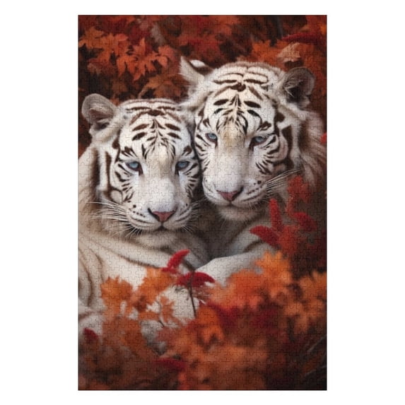 Puzzles for Adults 500 Pieces - Wild White Tigers With Leaves Funny Puzzles Brain Challenge Educational Game Relaxation Pastime Entertainment Activity Decorative Puzzle