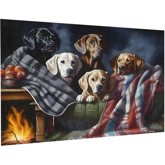 Puzzles for Adults and Family 300 Pieces Jigsaw Puzzles Labrador Dog Puzzle with Yellow Chocolate Lab Puppies Formation Wooden Modern Home Decor Wall Art Unique Gift 14.9'' x 10.2''
