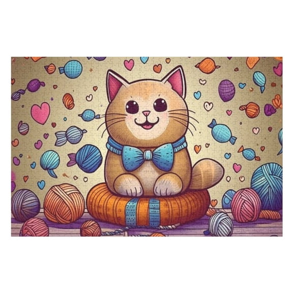 Puzzles for Adults 1000 Pieces - Charming Doodle Cute Chubby Cat With Big Smile Sitting Cozy Cushion Funny Challenging Puzzle Perfect for Game Nights
