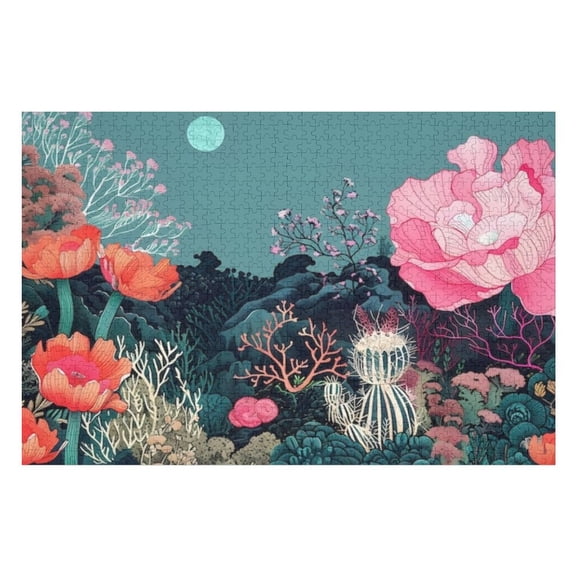 Puzzles for Adults 1000 Pieces - Floral Garden With Moon Funny Challenging Puzzle Brain Teaser Activity Perfect for Game Nights