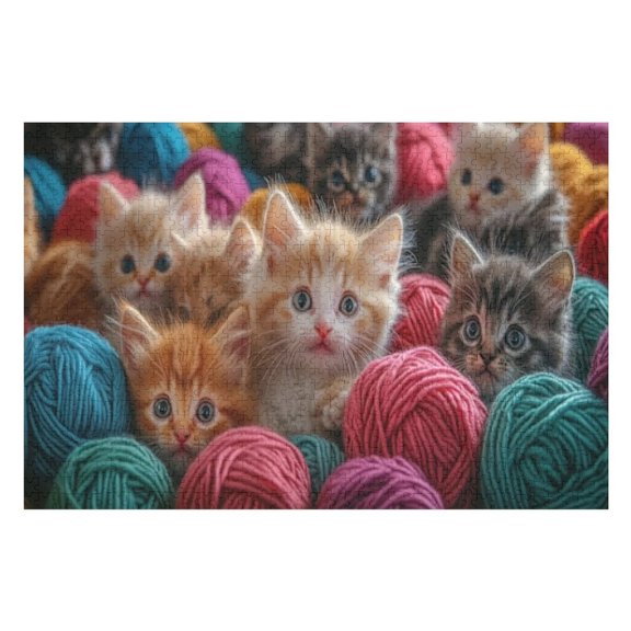 Puzzles for Adults 1000 Pieces - Fluffy Kittens Playing With Colorful Yarn Balls Funny Challenging Puzzle Perfect for Game Nights