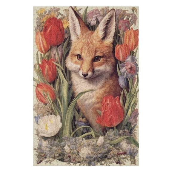 Puzzles for Adults 1000 Pieces - Fox Surrounded By Flowers Plants Perfect Interlocking Clear Printing - Adults Educational Puzzle Gift Ideal