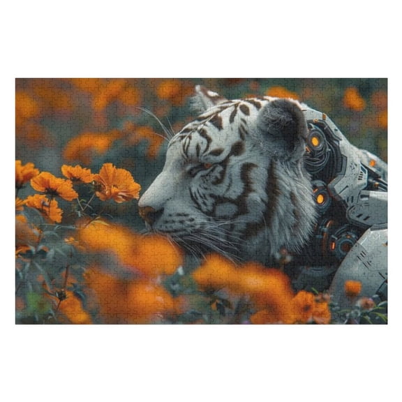 Puzzles for Adults 1000 Pieces - Futuristic Half Robot Tiger Funny Puzzles Gift for Birthday Wedding Christmas Halloween