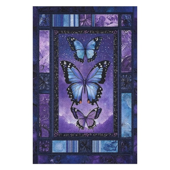 Puzzles for Adults 1000 Pieces - Purple Blue Quilt With Two Butterflies Square Funny Challenging Puzzle Perfect for Game Nights