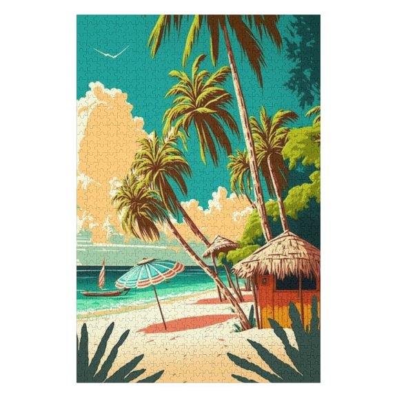 Puzzles for Adults 300 Pieces - Beach With Palm Trees Hut Challenging Gift for Puzzle Lovers, Fun Time with Friends, Displayable Wall Decor