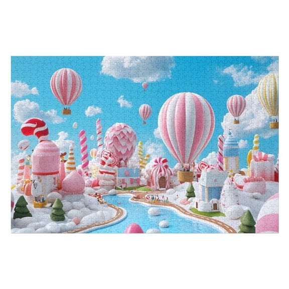 Puzzles for Adults 300 Pieces - Candy Land With Hot Air Balloons River Surrounded By Sugary Funny Challenging Puzzle Perfect for Game Nights