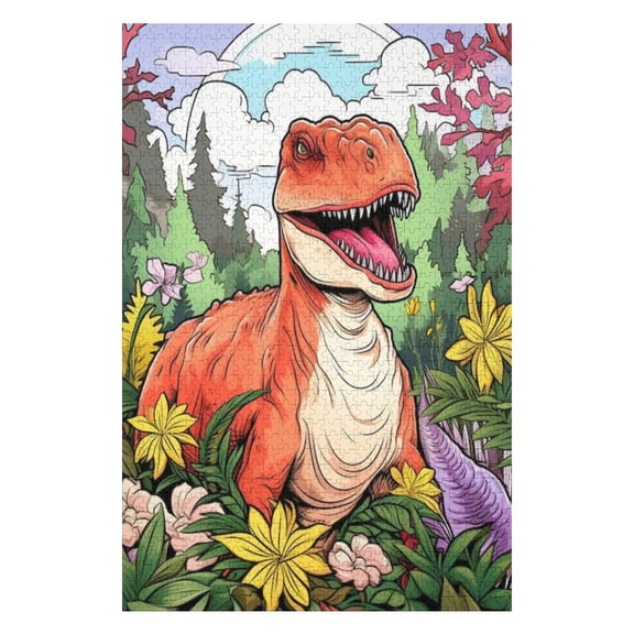 Puzzles for Adults 300 Pieces - Cartoon Dinosaur Flowers Jungle Challenging Gift for Puzzle Lovers, Fun Time with Friends, Displayable Wall Decor